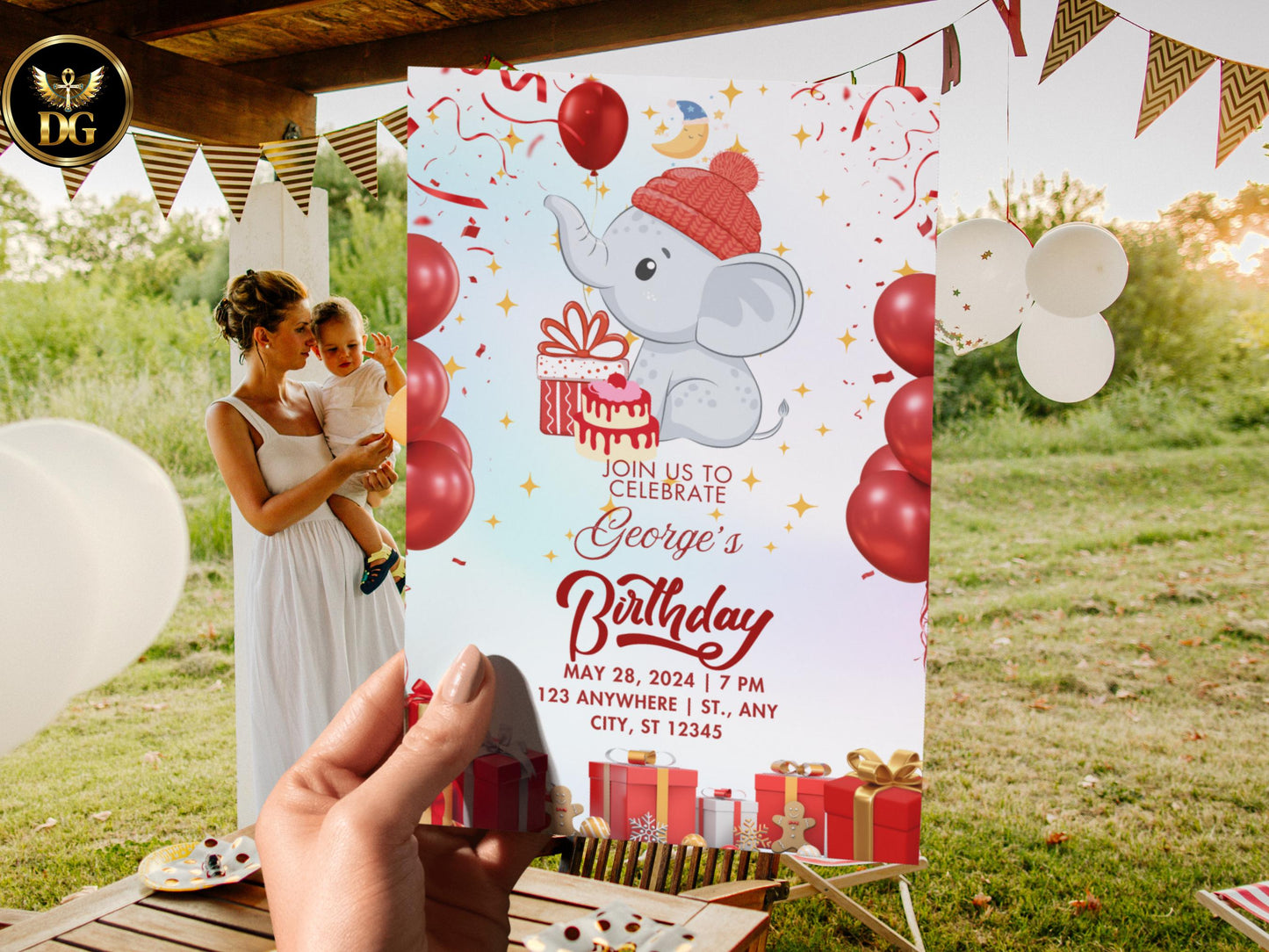 Editable Elephant Birthday Invitation | Cute Kids Party Invite | Red Balloon Theme | Canva Template | Instant Download