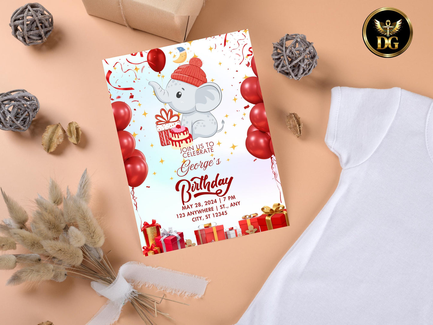 Editable Elephant Birthday Invitation | Cute Kids Party Invite | Red Balloon Theme | Canva Template | Instant Download