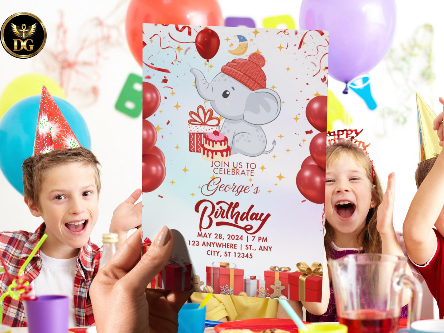 Editable Elephant Birthday Invitation | Cute Kids Party Invite | Red Balloon Theme | Canva Template | Instant Download