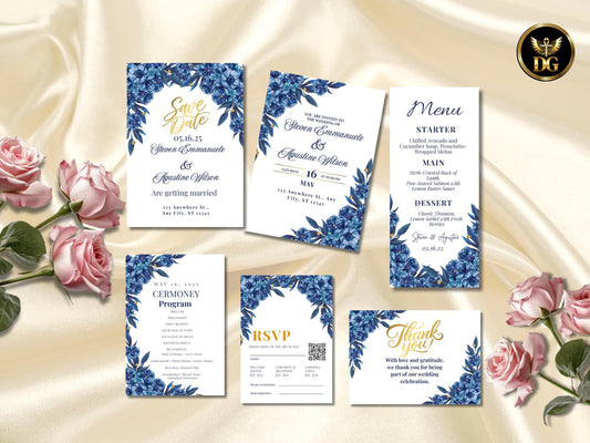 Luxury Boho Wedding Invitation Set | White & Dark Blue Floral Cards with Gold Dots | RSVP, Save the Date, Menu Thank You Cards