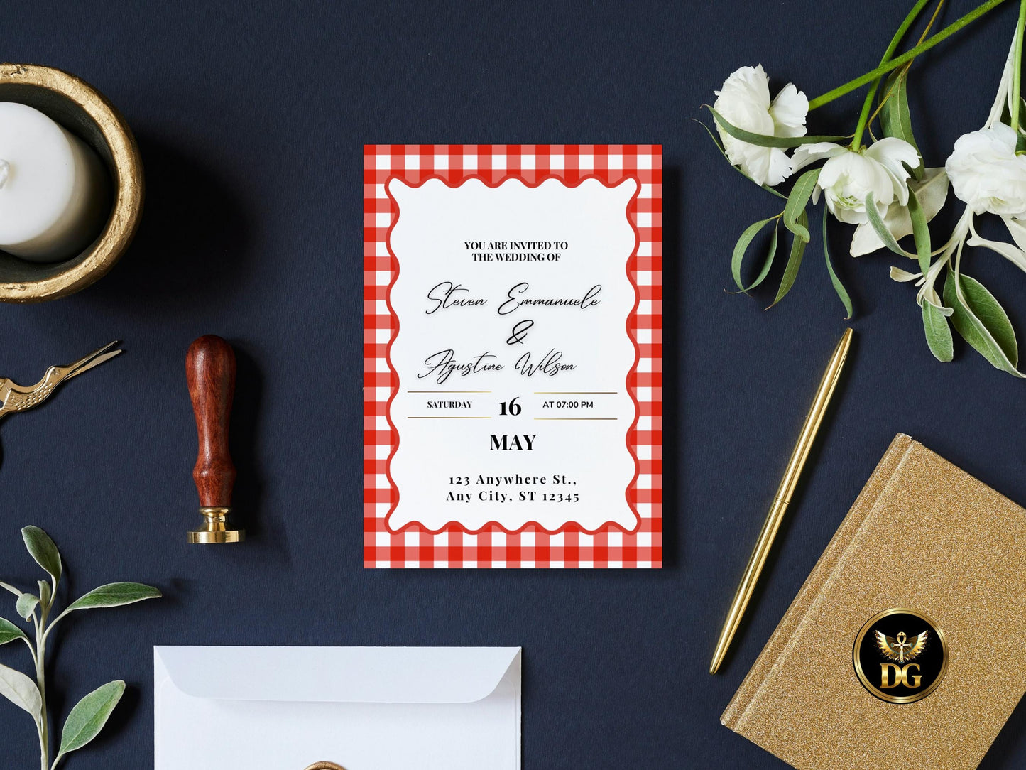 Rustic Red Checkered Wedding Suite, Wavy Frame, RSVP, Details Card