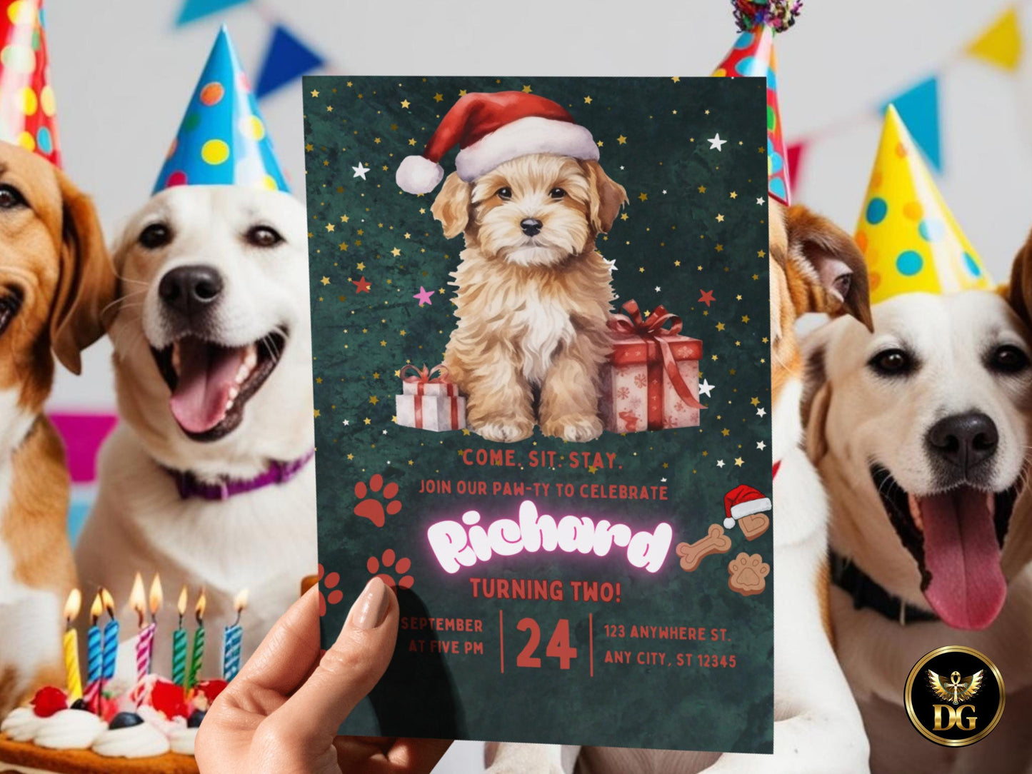 Puppy Birthday Invitation | Christmas Dog Birthday Party Invite | Editable Canva Template | Pet Theme Kids Birthday Card | Instant Download