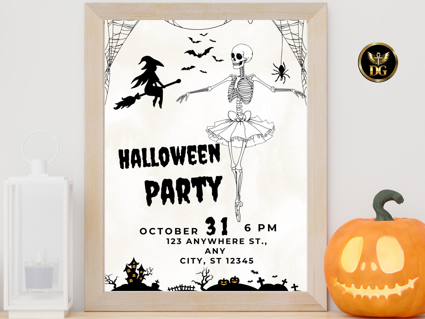 Spooky Halloween Party Invitation | Elegant Skeleton Dancer Digital Printable Printable Invitation Template Editable Canva Instant Download