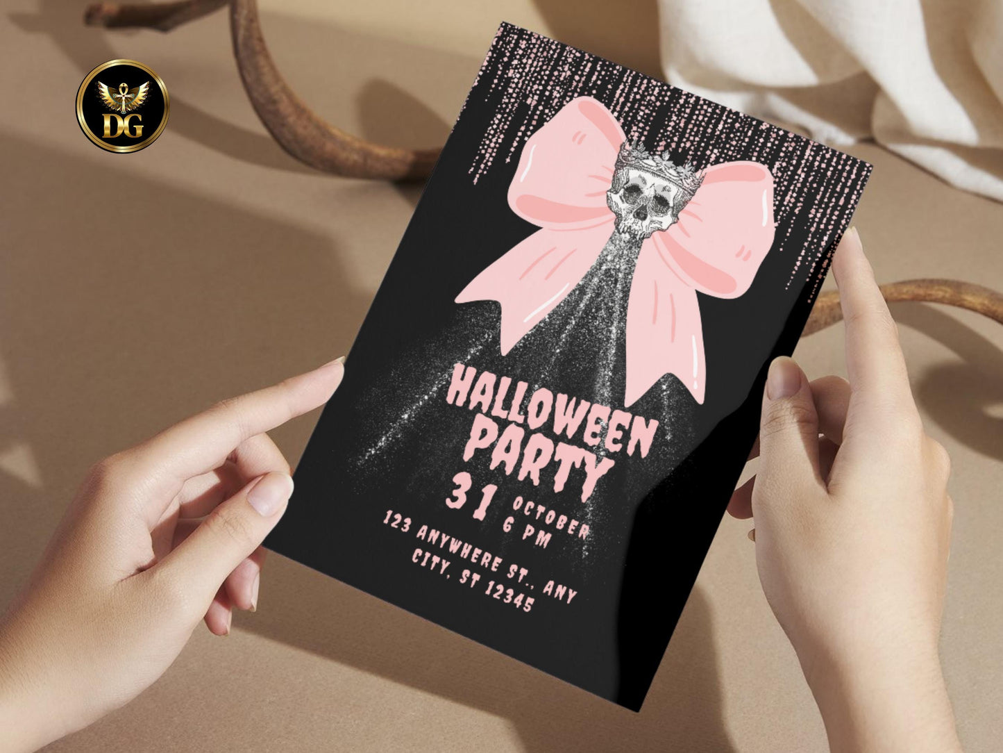 Glam Skull Halloween Party Invitation: Pink Glitter Bow Printable Invitation Template Editable Canva Instant Download