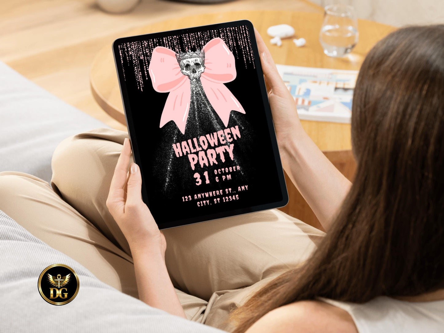 Glam Skull Halloween Party Invitation: Pink Glitter Bow Printable Invitation Template Editable Canva Instant Download