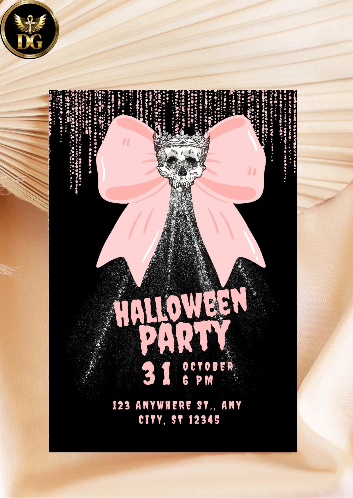 Glam Skull Halloween Party Invitation: Pink Glitter Bow Printable Invitation Template Editable Canva Instant Download