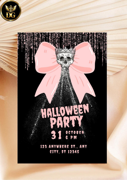 Glam Skull Halloween Party Invitation: Pink Glitter Bow Printable Invitation Template Editable Canva Instant Download