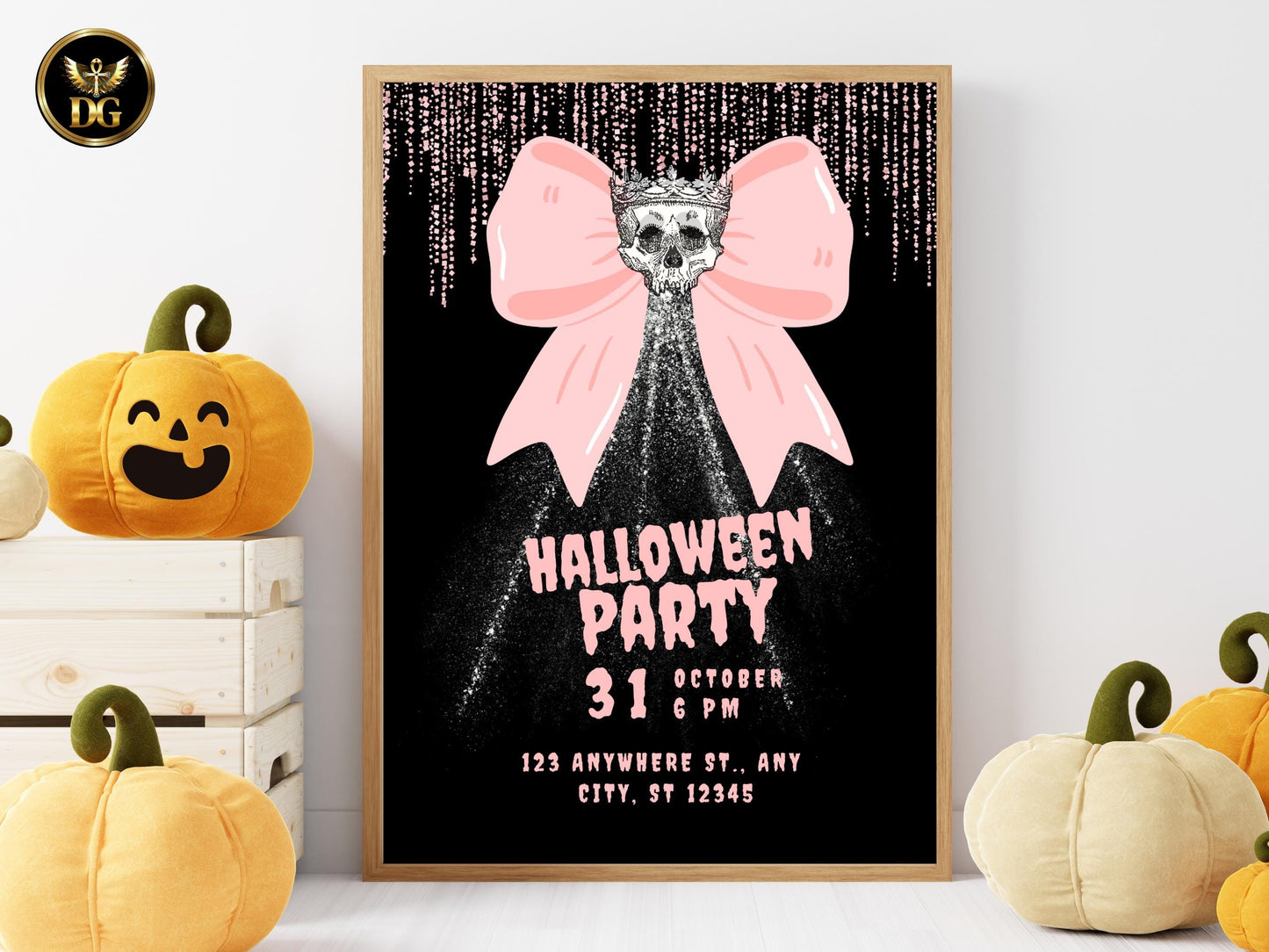 Glam Skull Halloween Party Invitation: Pink Glitter Bow Printable Invitation Template Editable Canva Instant Download