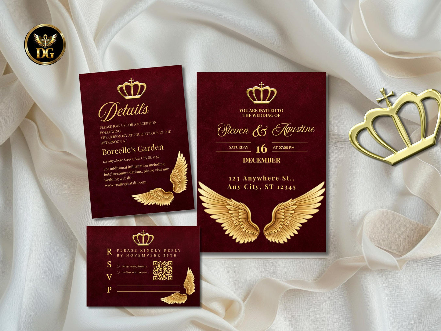 Royal Burgundy Velvet Wedding Invitation | Gold Crown & Wings | Elegant Maroon Wedding Invite Set with Details, RSVP | Editable Template