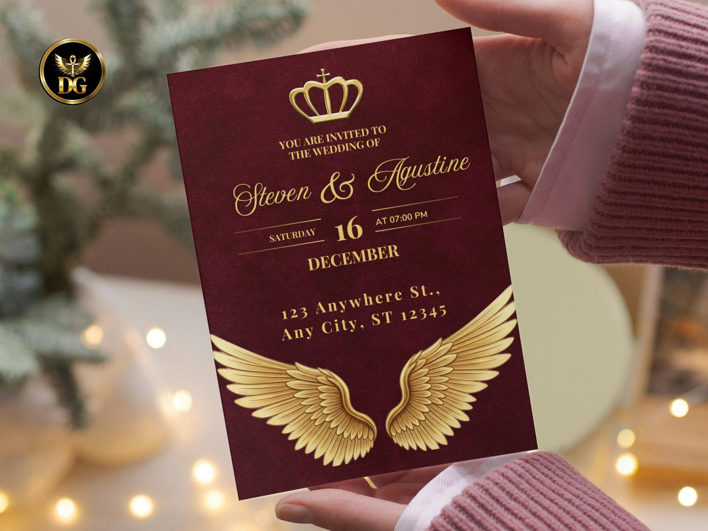 Royal Burgundy Velvet Wedding Invitation | Gold Crown & Wings | Elegant Maroon Wedding Invite Set with Details, RSVP | Editable Template
