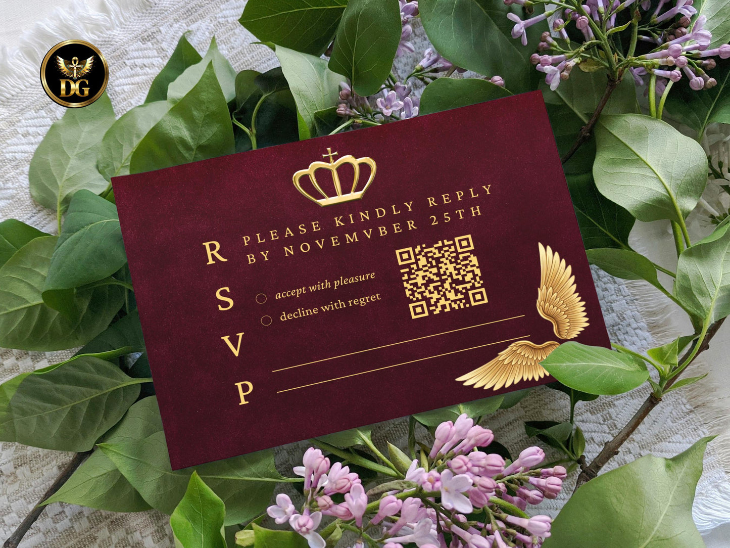 Royal Burgundy Velvet Wedding Invitation | Gold Crown & Wings | Elegant Maroon Wedding Invite Set with Details, RSVP | Editable Template