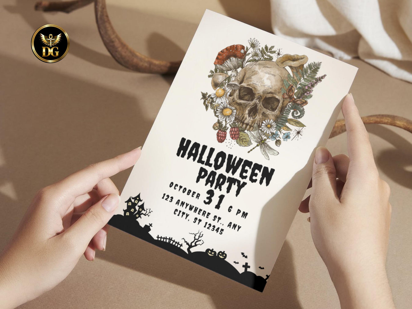 Spooky Floral Skull Halloween Party Invitation Printable Digital Download Printable Invitation Template Editable Canva Instant Download