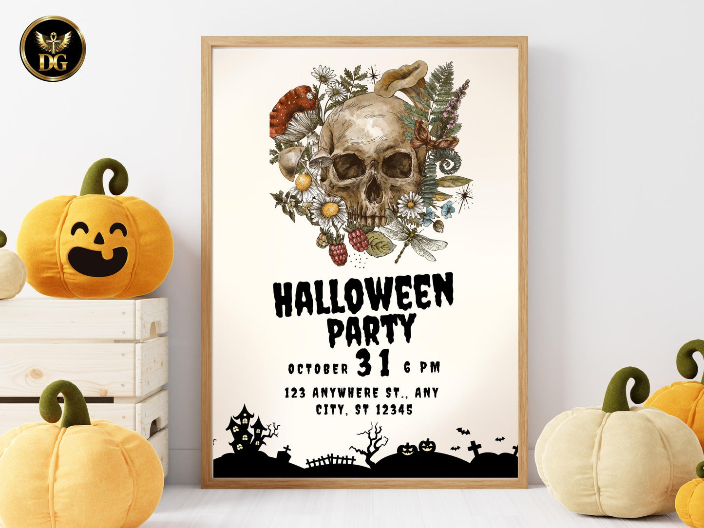 Spooky Floral Skull Halloween Party Invitation Printable Digital Download Printable Invitation Template Editable Canva Instant Download