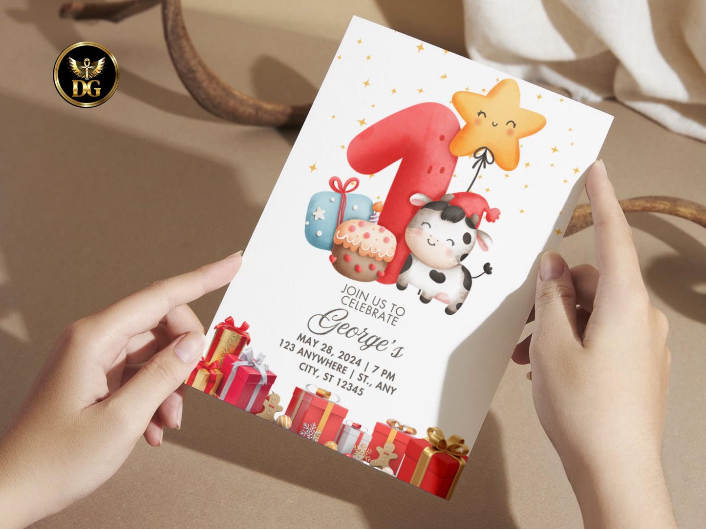 Cute Cow 1st Birthday Invitation Printable Digital Download Blue Gold Printable Invitation Template Editable Canva Instant Download