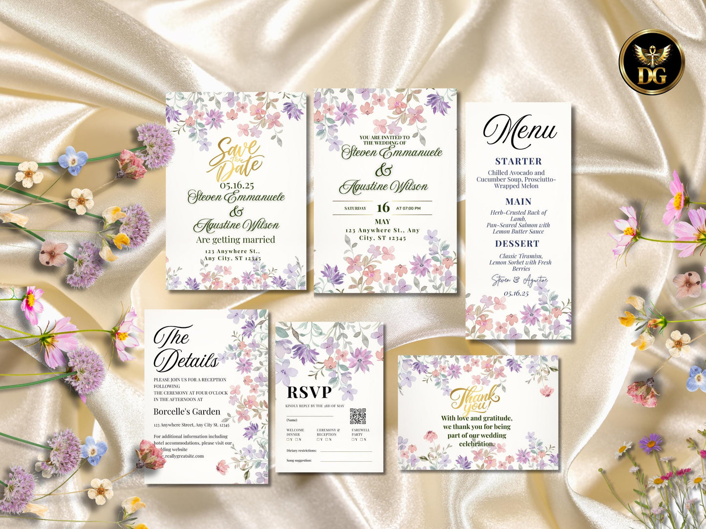 Editable Floral Wedding Invitation Suite | Boho Purple & Pink Flowers | Save the Date, RSVP, Details, Menu Thank You Cards Instant Download