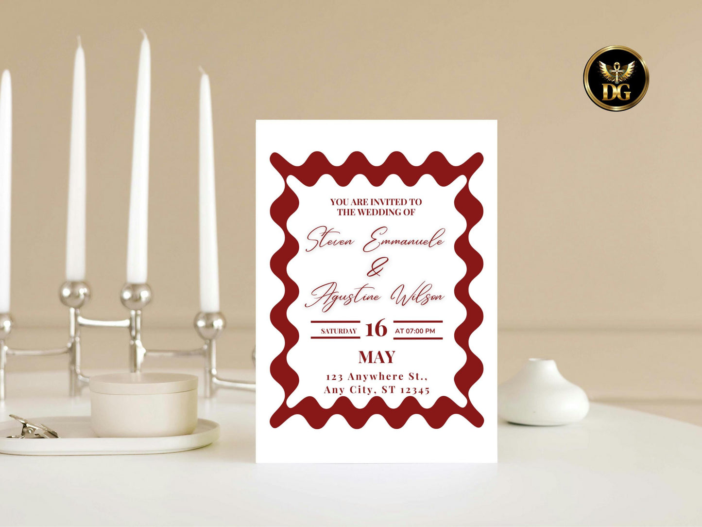 Elegant White Wedding Invitation Suite with Red Wavy Accent | Editable RSVP, Details & Invite | Modern Trendy Wedding Stationery