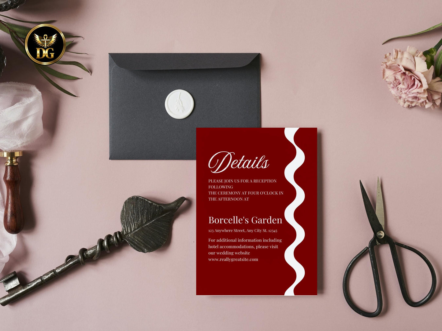 Elegant White Wedding Invitation Suite with Red Wavy Accent | Editable RSVP, Details & Invite | Modern Trendy Wedding Stationery