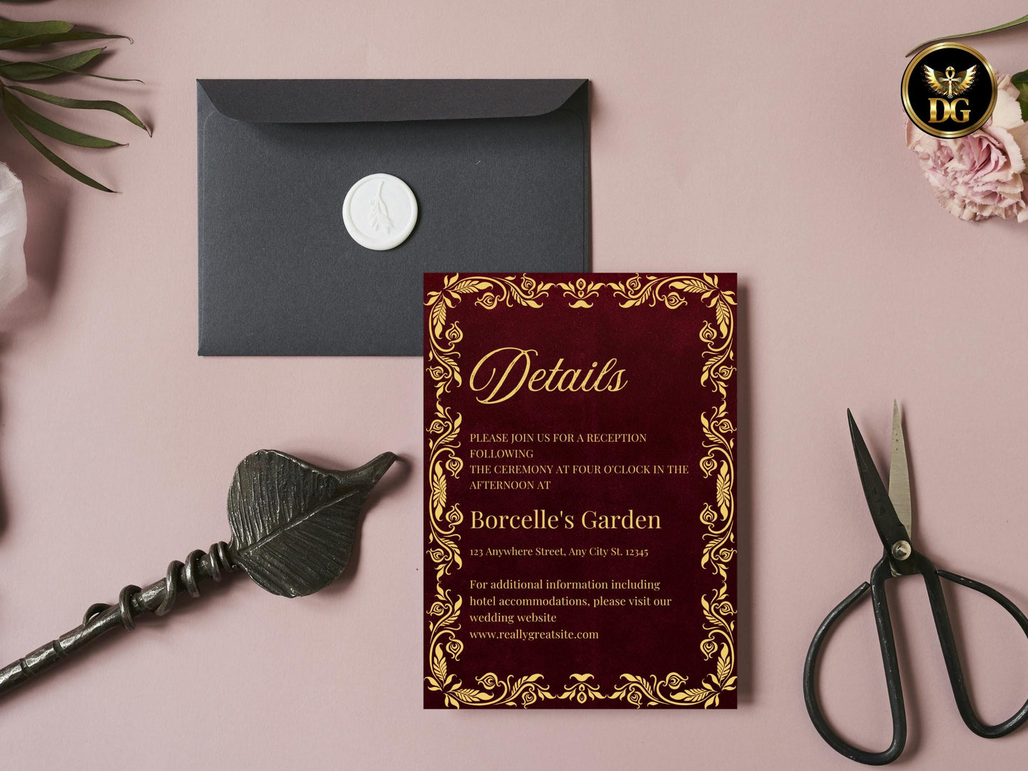 Luxury Burgundy Wedding Invitation | Classic Gold Frame | Editable Details & RSVP | Instant Download