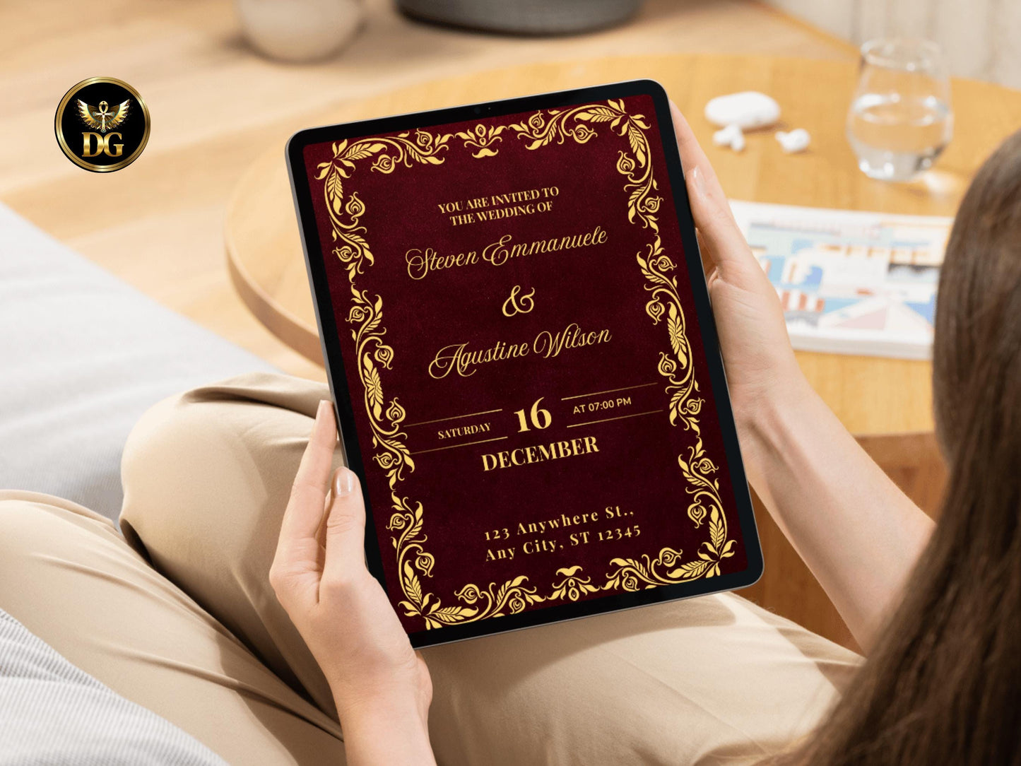 Luxury Burgundy Wedding Invitation | Classic Gold Frame | Editable Details & RSVP | Instant Download