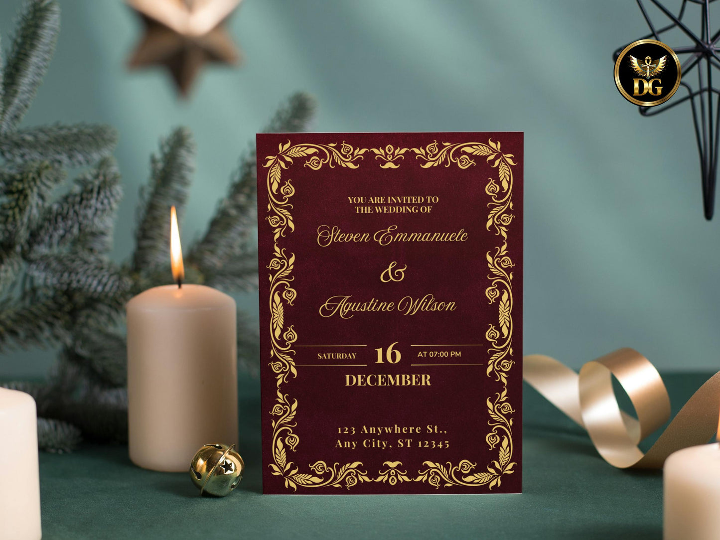 Luxury Burgundy Wedding Invitation | Classic Gold Frame | Editable Details & RSVP | Instant Download