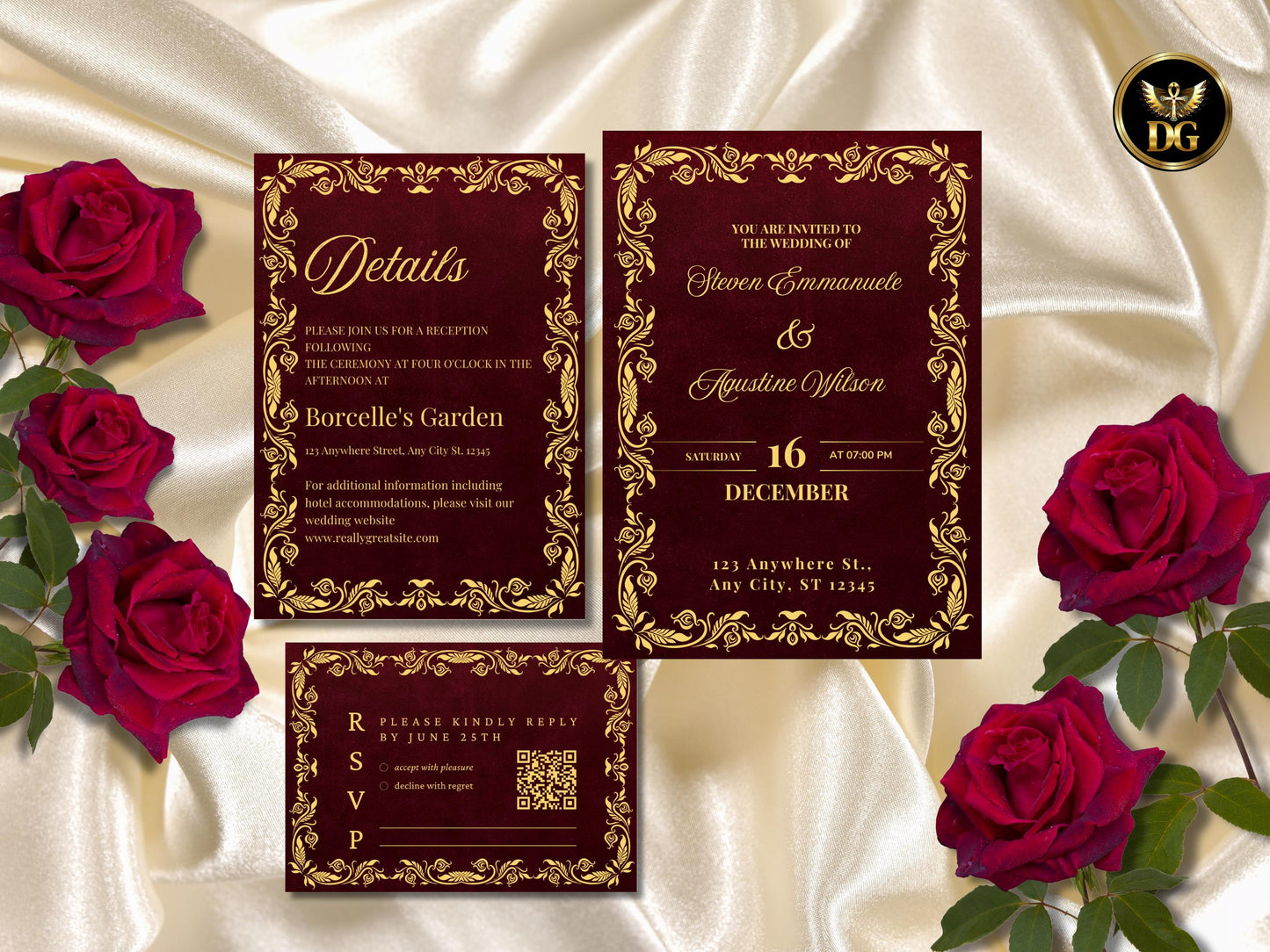 Luxury Burgundy Wedding Invitation | Classic Gold Frame | Editable Details & RSVP | Instant Download