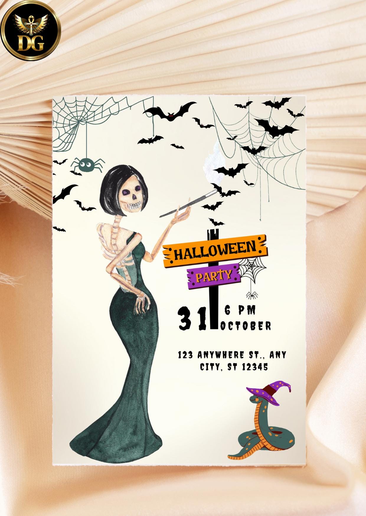 Spooky Skeleton Witch Halloween Party Invitation - Printable Digital Download Printable Invitation Template Editable Canva Instant Download