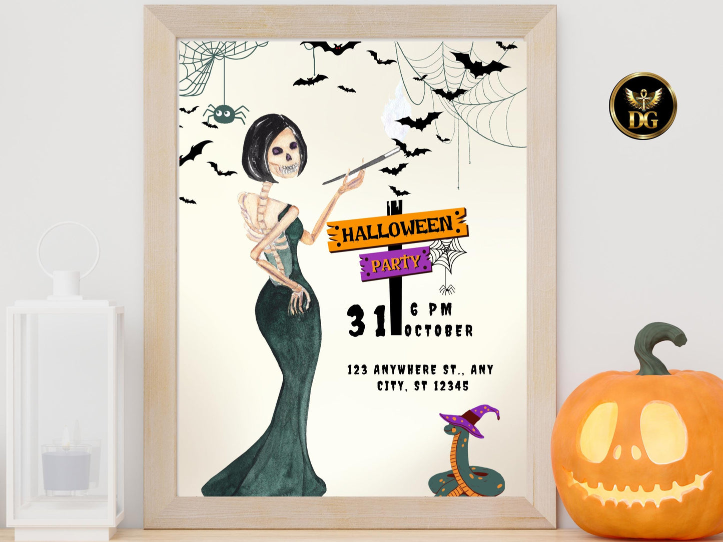 Spooky Skeleton Witch Halloween Party Invitation - Printable Digital Download Printable Invitation Template Editable Canva Instant Download