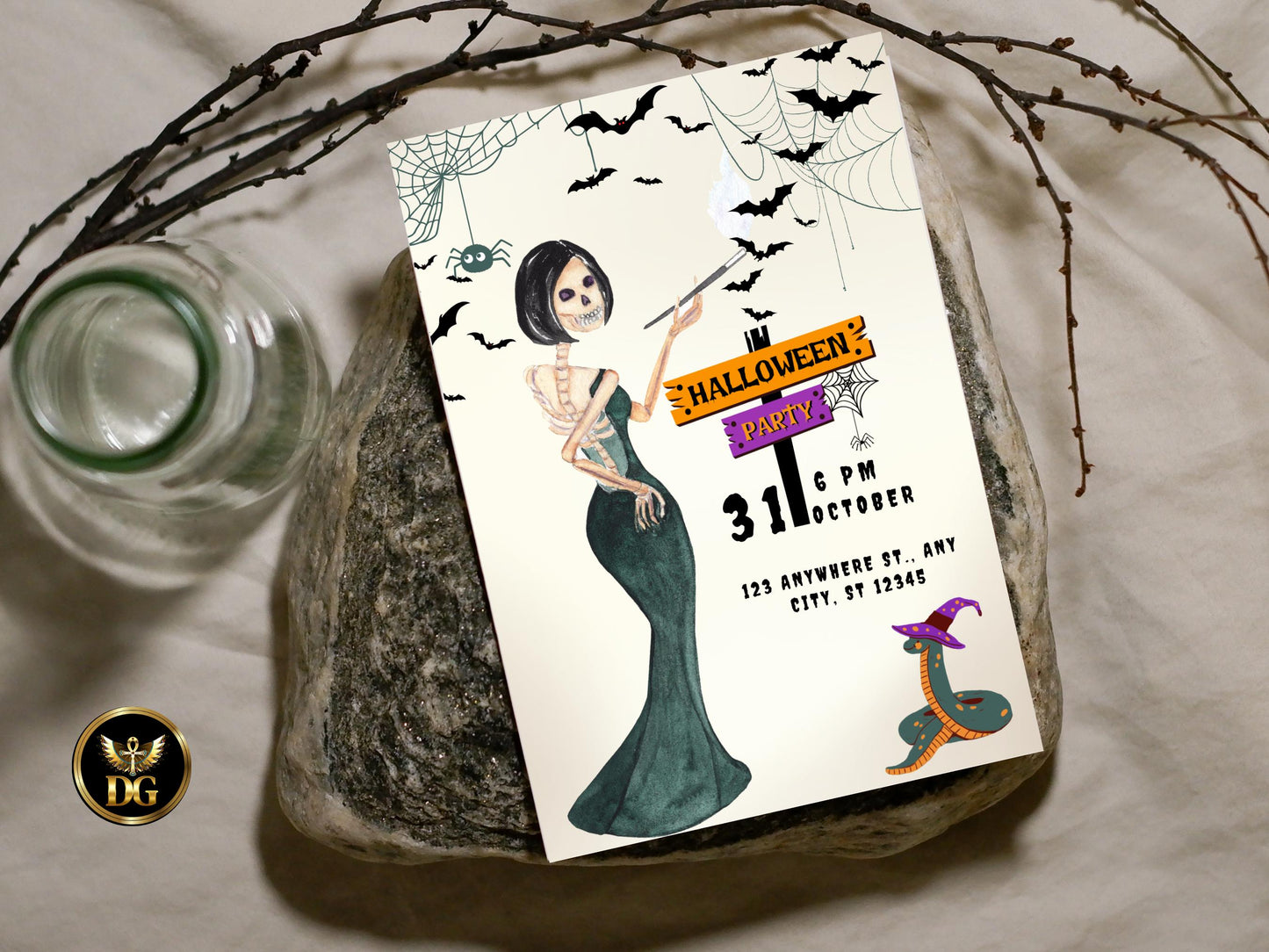 Spooky Skeleton Witch Halloween Party Invitation - Printable Digital Download Printable Invitation Template Editable Canva Instant Download