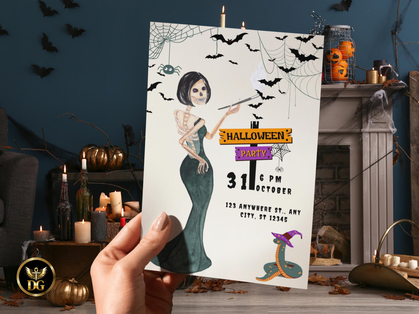 Spooky Skeleton Witch Halloween Party Invitation - Printable Digital Download Printable Invitation Template Editable Canva Instant Download