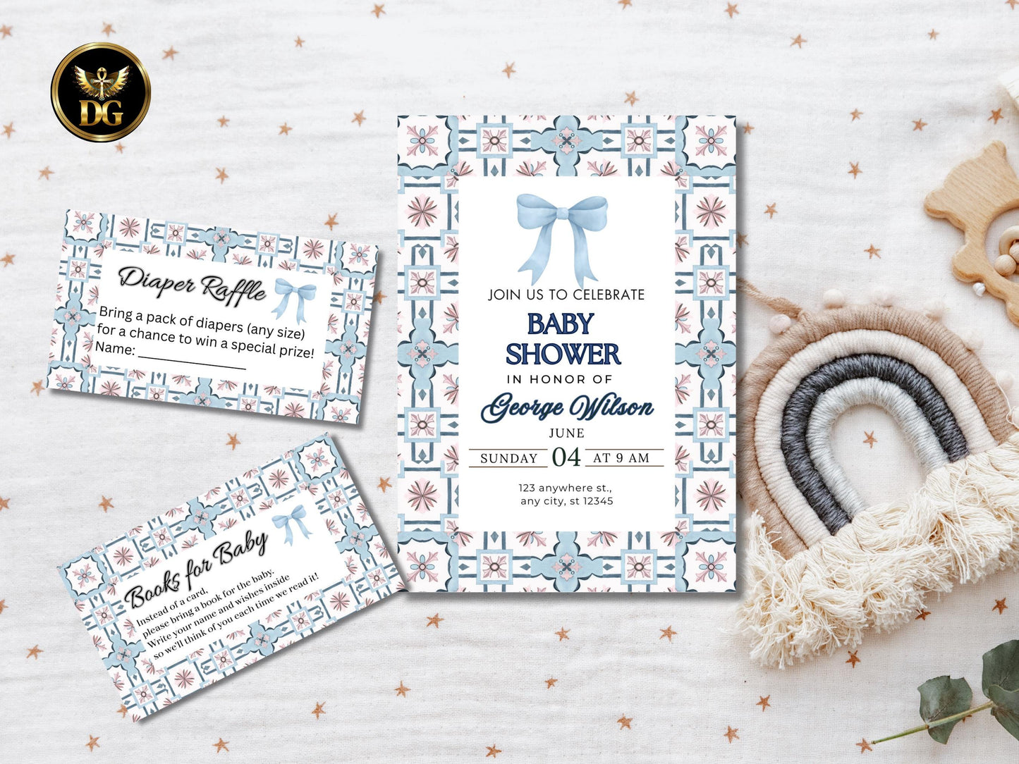 Editable Blue Baby Shower Invitation Set | Boy Baby Shower Template with Diaper Raffle & Book for Baby Cards | Canva Printable Invite