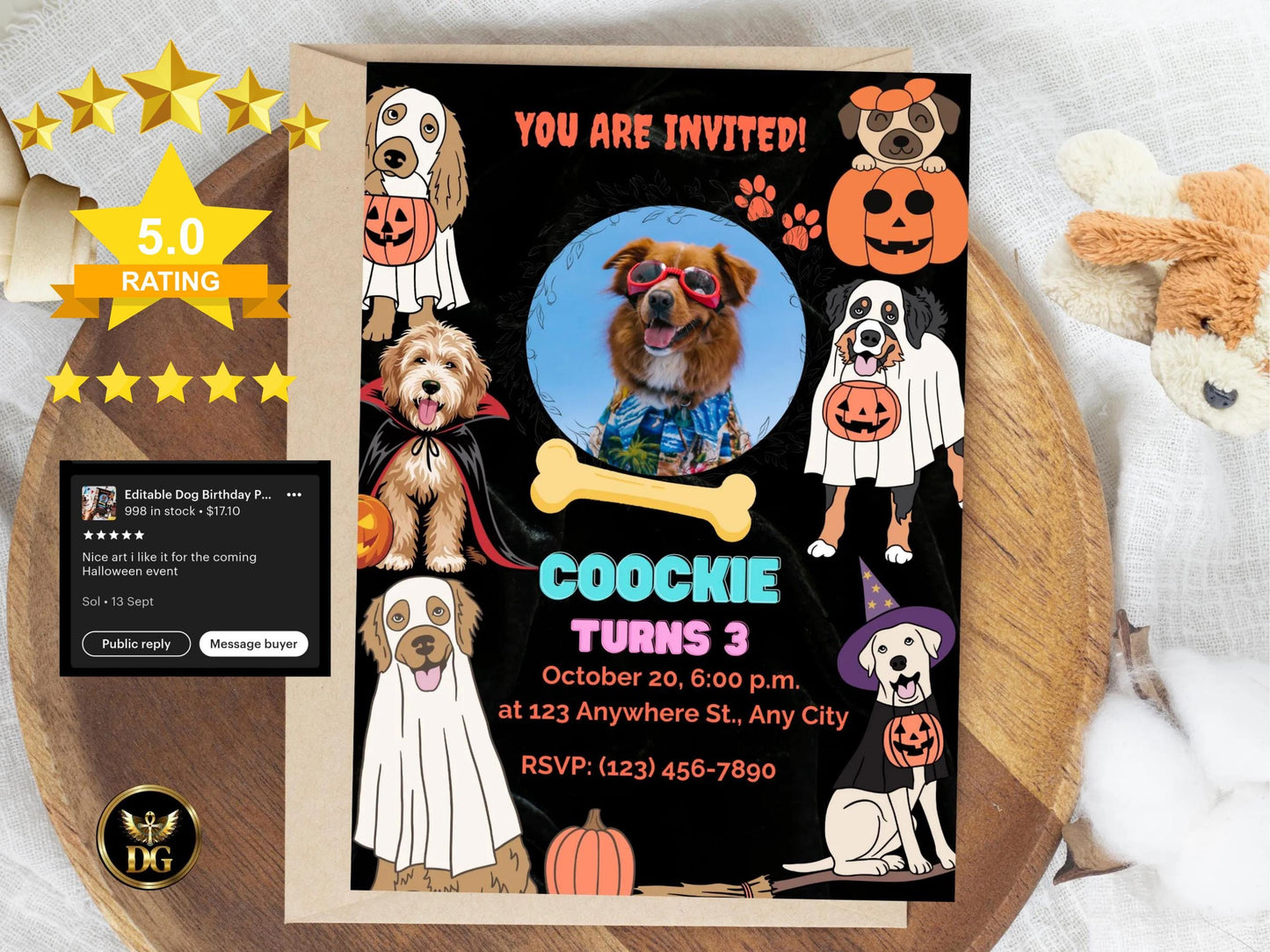 Editable Dog Birthday Pawty Invitation Halloween Pet Photo Template Digital Download Printable Invitation Template Editable Instant Download
