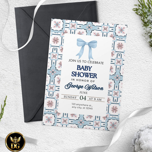 Editable Blue Baby Shower Invitation Set | Boy Baby Shower Template with Diaper Raffle & Book for Baby Cards | Canva Printable Invite