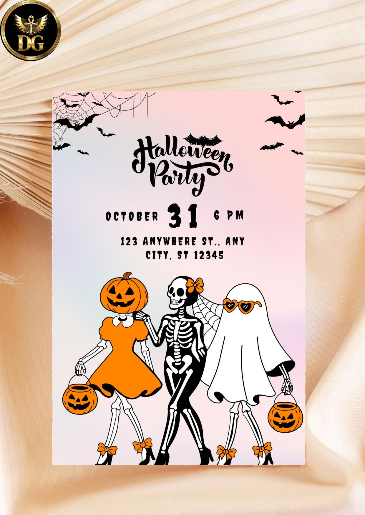 Halloween Digital Invitation Template, Editable Girls Party Evite for Text or WhatsApp, Printable Spooky Celebration Canva Instant Download