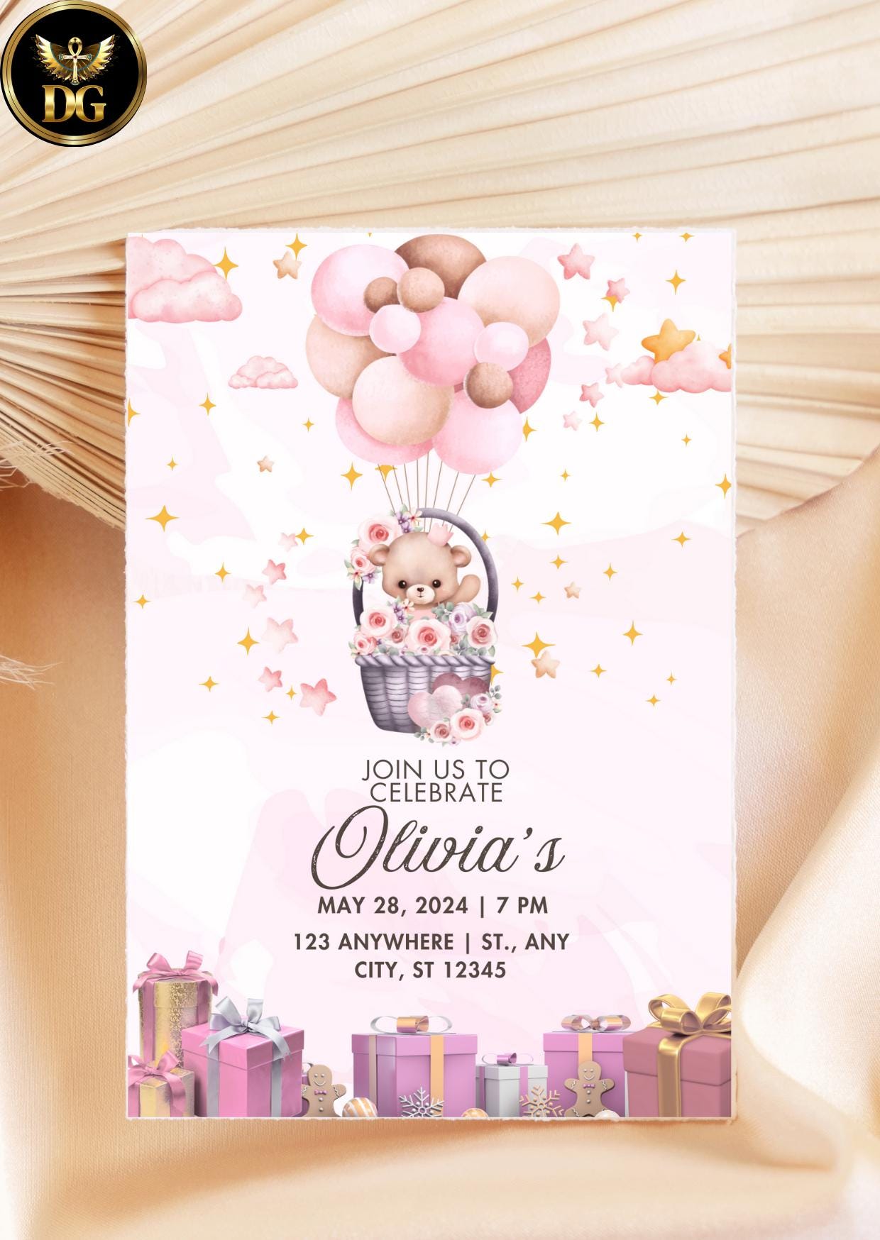 Pink Teddy Bear Birthday Invitation Editable Girl's First Birthday Digital Template Printable Template Editable Canva Instant Download