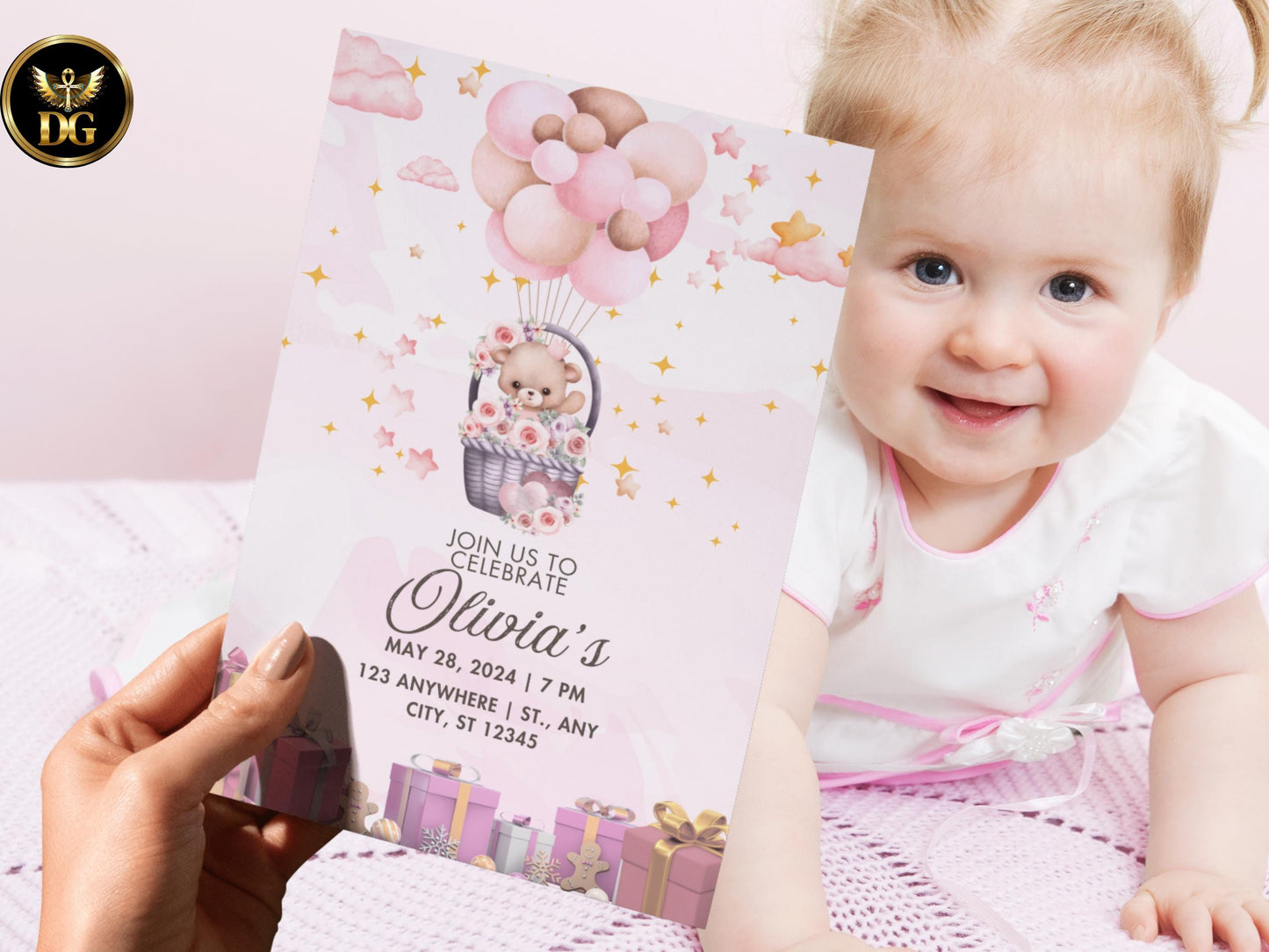 Pink Teddy Bear Birthday Invitation Editable Girl's First Birthday Digital Template Printable Template Editable Canva Instant Download