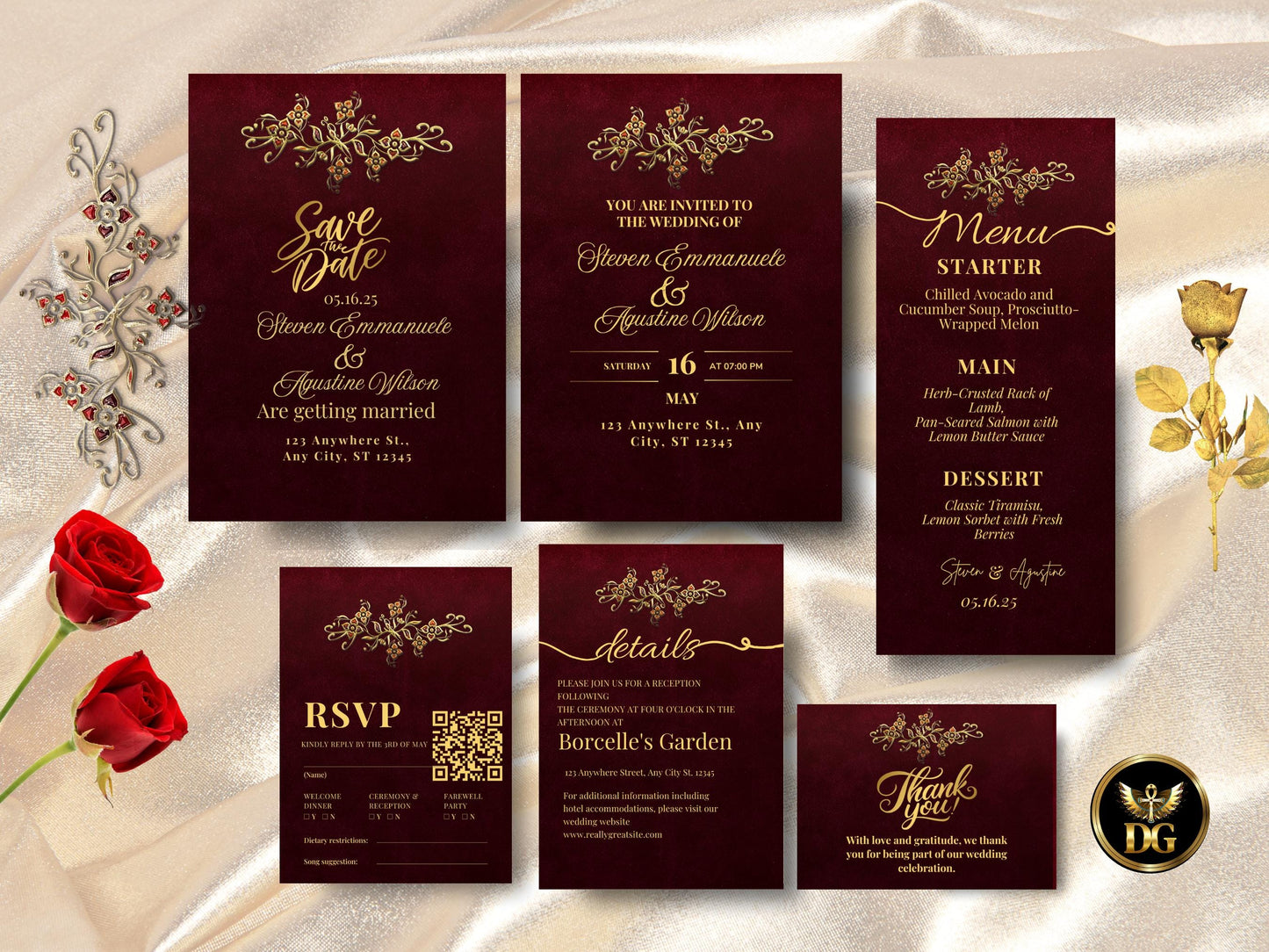 Burgundy and Gold Floral Wedding Invitation Suite (Digital Download) Printable Invitation Template Editable Canva Instant Download