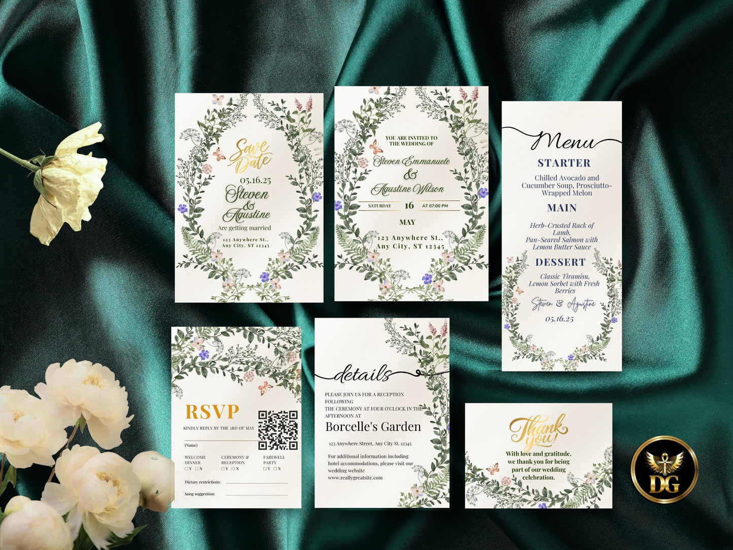 Elegant Floral Wedding Invitation Suite | Printable Greenery Set Printable Invitation Template Editable Canva Instant Download