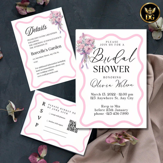 Modern Pink Bridal Shower Invitation Bundle, Editable Canva Template with RSVP & Details, Beige Gold Background, Digital Download
