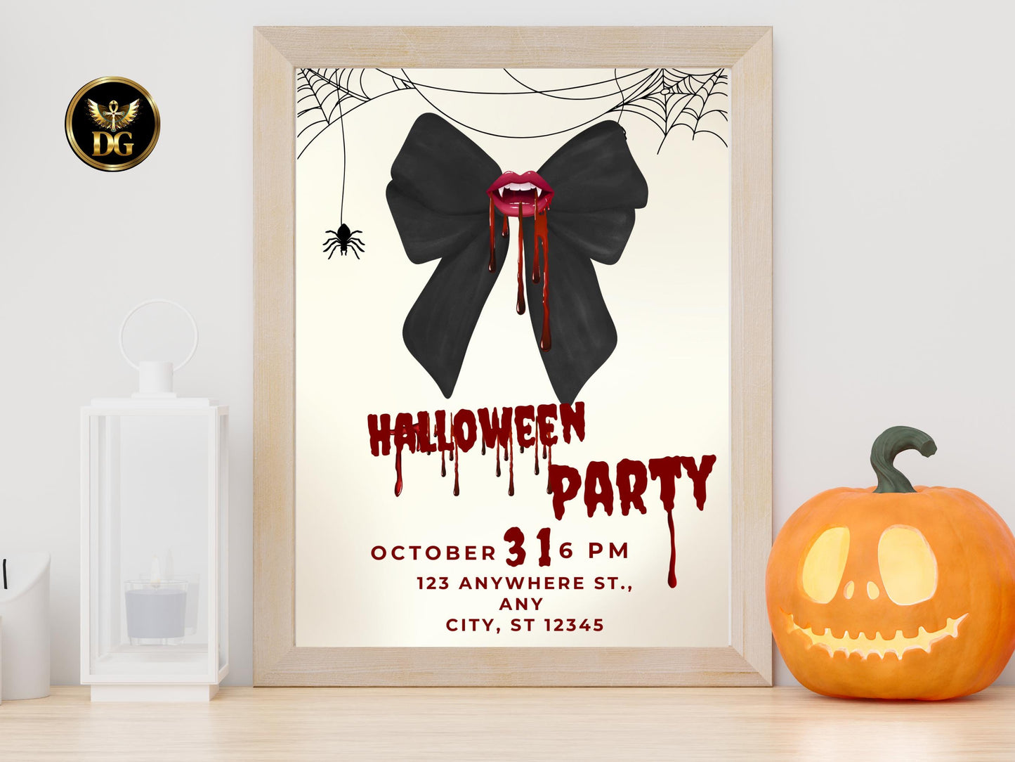 Halloween Party Invitation Template Editable Digital Download Spooky Bow Blood Drip Invite Customizable Canva File for Halloween Events