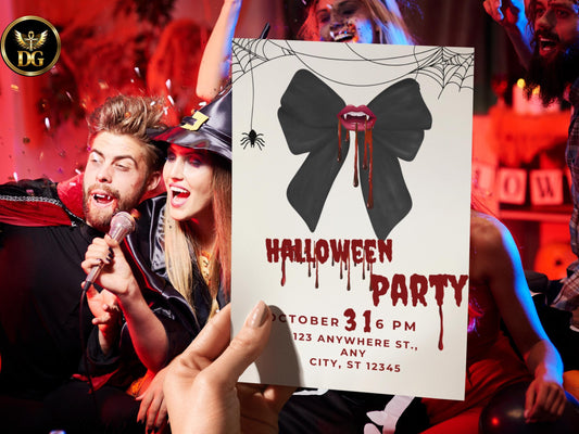 Halloween Party Invitation Template Editable Digital Download Spooky Bow Blood Drip Invite Customizable Canva File for Halloween Events
