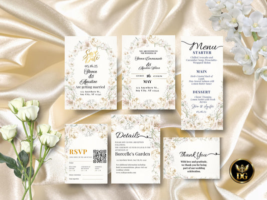 White Floral Wedding Invitation Suite: Editable Template (Digital Download)