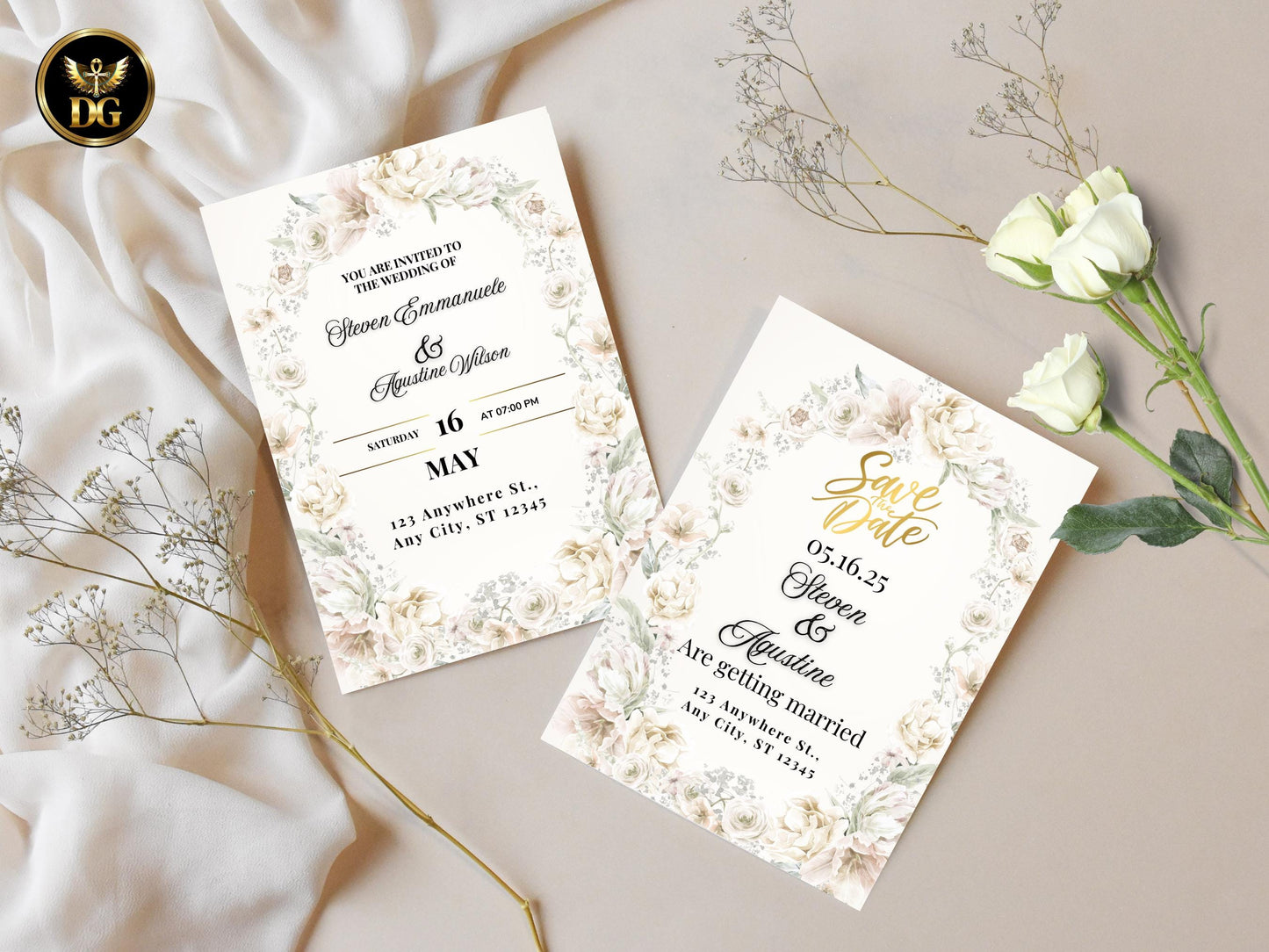 White Floral Wedding Invitation Suite: Editable Template (Digital Download)