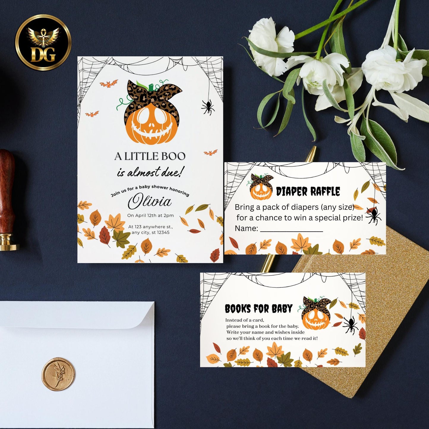 Halloween Baby Shower Invitation Set Pumpkin Baby Shower Invite Editable Diaper Raffle, Books for Baby Cards Fall Autumn Party Printable