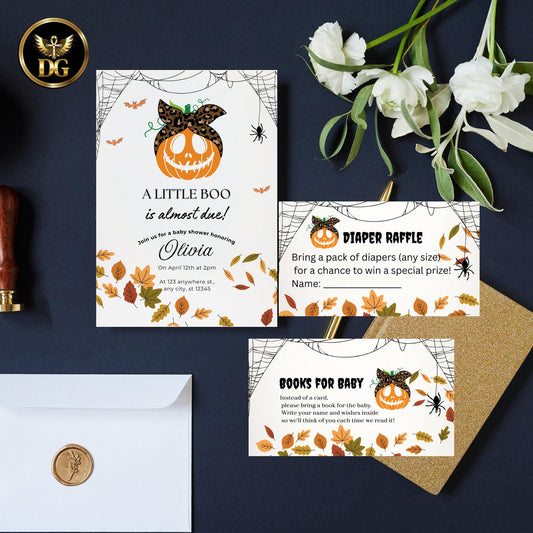 Halloween Baby Shower Invitation Set Pumpkin Baby Shower Invite Editable Diaper Raffle, Books for Baby Cards Fall Autumn Party Printable