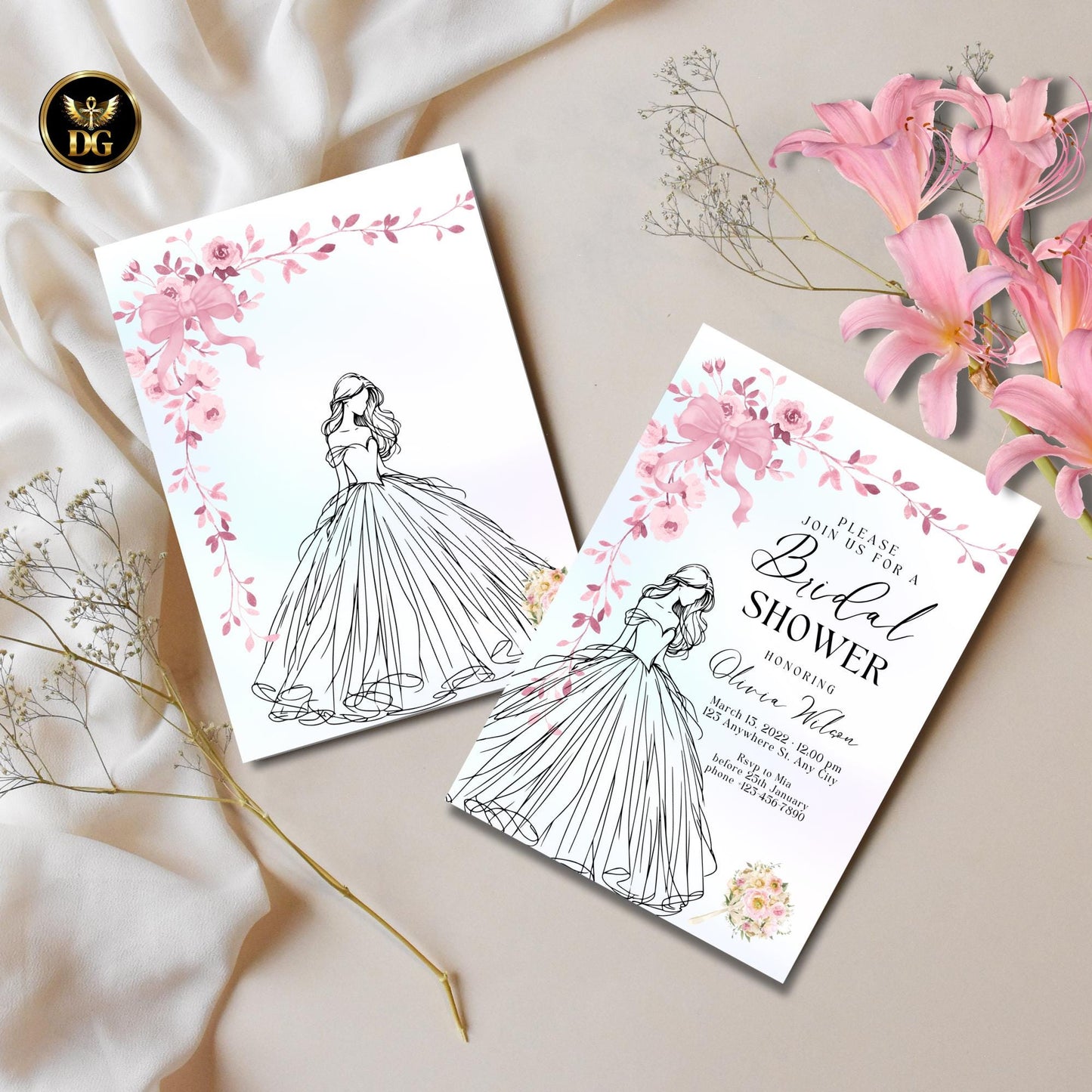 Bridal Shower Invitation Set | Bride Dress with Pink Floral Bow | Pastel Elegant Wedding Shower Invite | Editable Digital Download