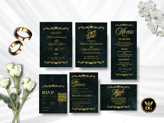 Dark Green Gold Wedding Invitation Suite Emeraled: Editable Template (Digital Download)