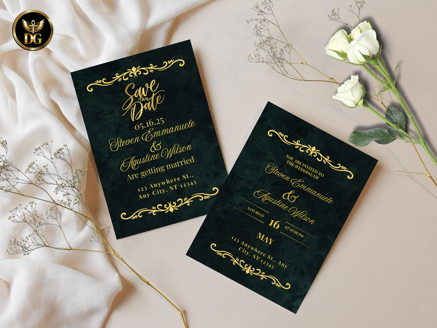 Dark Green Gold Wedding Invitation Suite Emeraled: Editable Template (Digital Download)