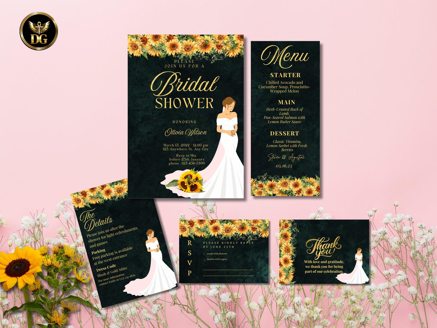 Sunflower Bridal Shower Invitation Suite: Editable Digital Download (Canva, Photoshop)