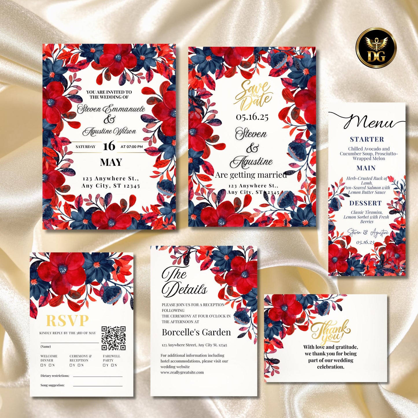 Elegant Red & Blue Flora Wedding Invitation Set, 6 Card Bundle Printable Wedding Invite Suite, RSVP, Details, Menu, Thank You, Save the Date