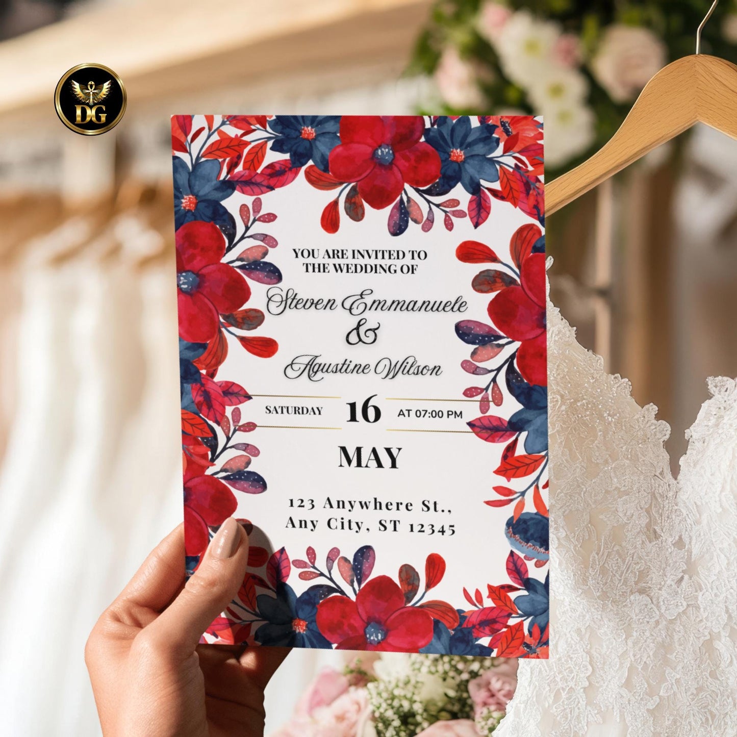 Elegant Red & Blue Flora Wedding Invitation Set, 6 Card Bundle Printable Wedding Invite Suite, RSVP, Details, Menu, Thank You, Save the Date